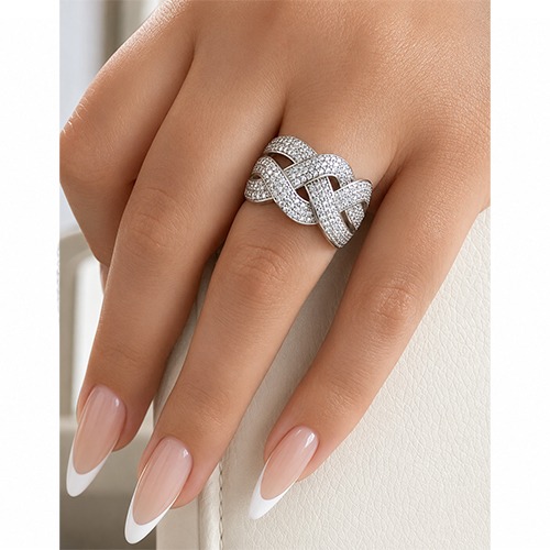 Sterling silver Ocasio design braided cubic zirconia band ring 15mm wide - Image 3