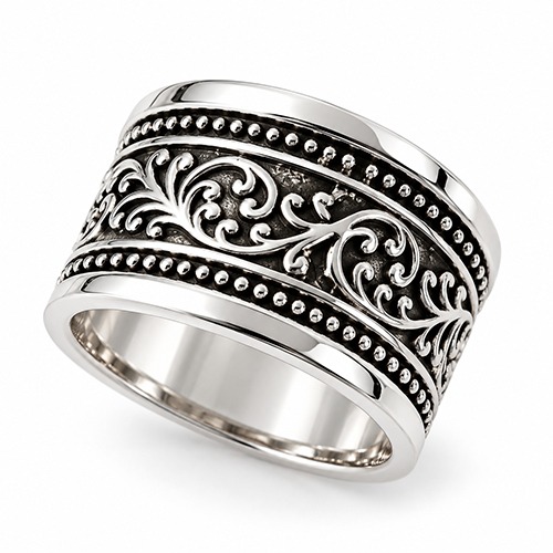 Sterling silver barrel fillagree pattern solid band ring 13mm wide