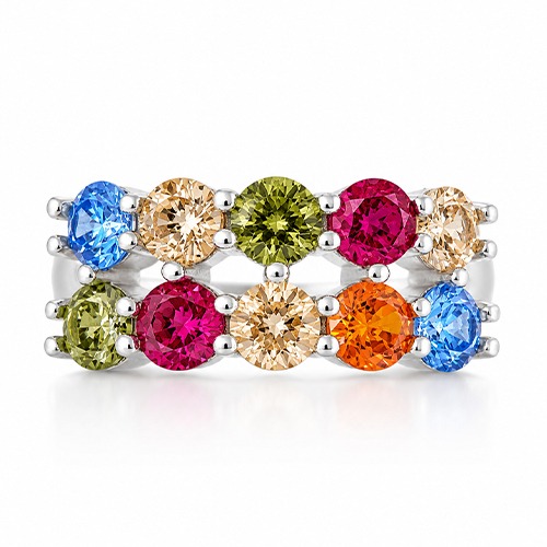 Sterling silver Elizabeth design multicolour cubic zirconia double row band ring 9mm wide - Image 2