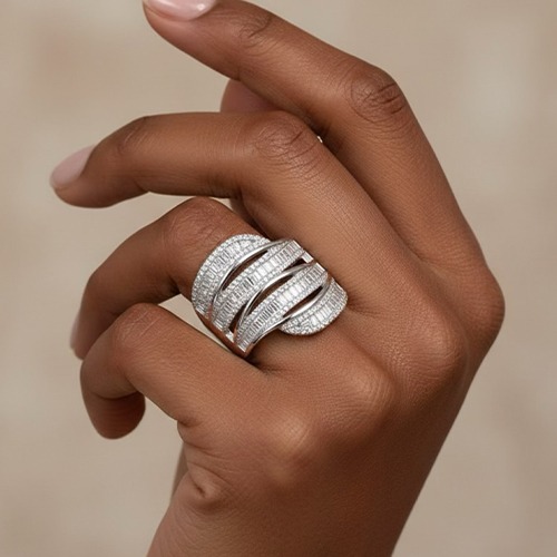 Sterling silver wave design cubic zirconia wide band ring 19mm wide