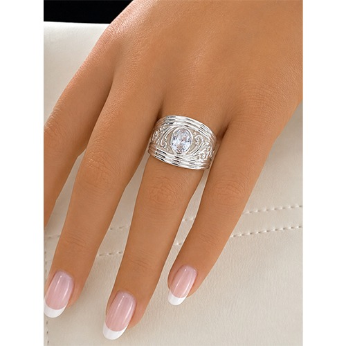 Sterling silver vintage setting oval shape cubic zirconia band ring 17mm wide