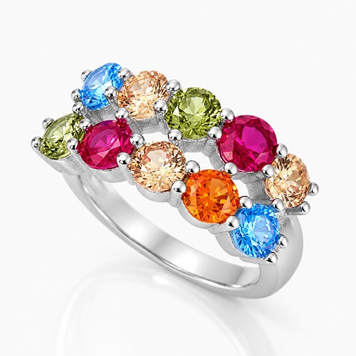 Sterling silver Elizabeth design multicolour cubic zirconia double row band ring 9mm wide
