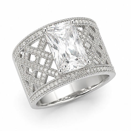 Sterling silver Penelope design rectangular cubic zirconia band ring 15mm wide - Image 2