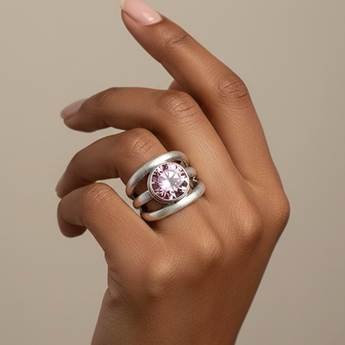 Sterling silver classic triple band pink cubic zirconia band ring 16mm wide
