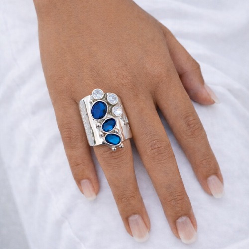 Sterling silver Melanie design blue sapphire design wide ring 27mm wide