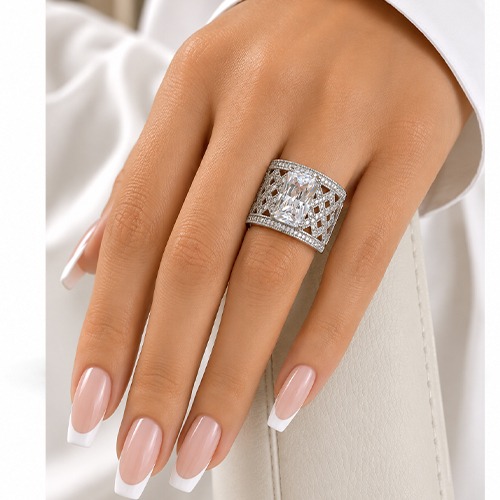 Sterling silver Penelope design rectangular cubic zirconia band ring 15mm wide - Image 3