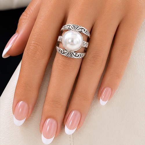 Sterling silver Olivia design wide triple band white Mabe pearl ring 23mm wide