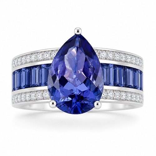 Sterling silver Nicole design blue tanzanite teardrop cubic zirconia band ring 15mm wide