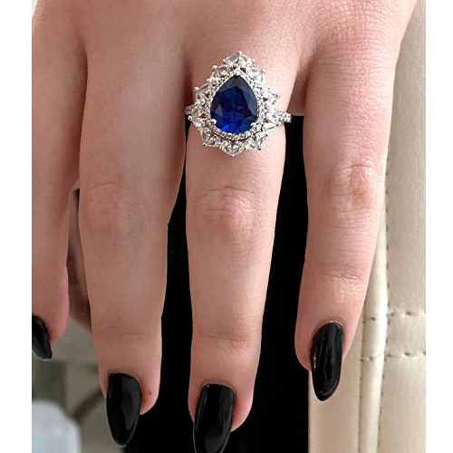 Sterling silver detailed design blue tanzanite teardrop cubic zirconia ring 19mm wide