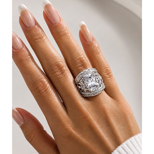 Sterling silver Camila design bold rectangular cubic zirconia wide pattern band ring 28mm wide - Image 2