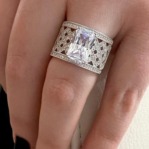 Sterling silver modern rectangular cubic zirconia design band ring 15mm wide