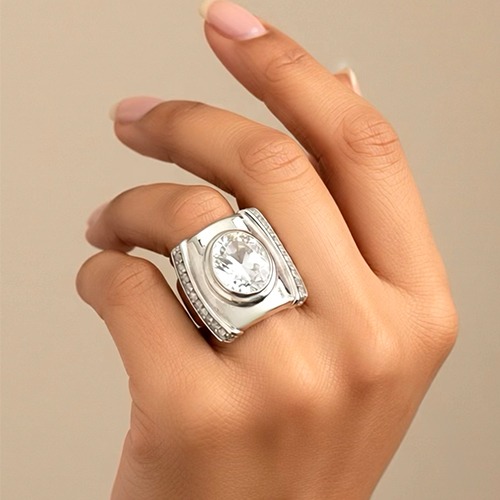 Sterling silver Aria design white oval cubic zirconia ring 20mm wide