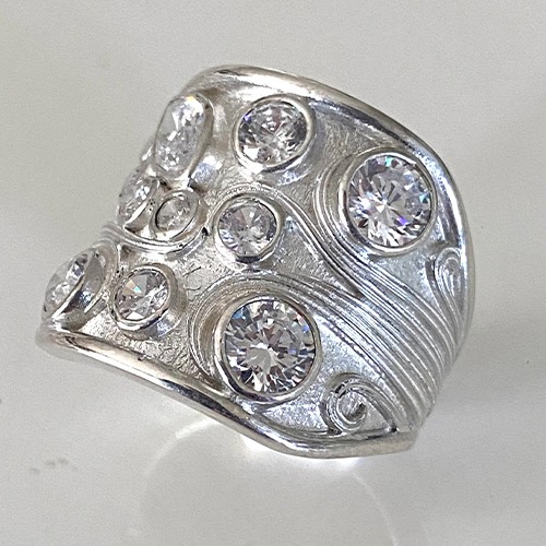 Sterling silver Luna design unique shapes cubic zirconia band ring 19mm wide