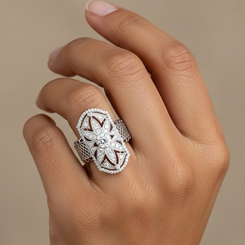Sterling silver ornate flower pattern cubic zirconia ring 18mm wide