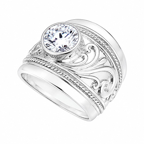 Sterling silver Ancilla design fillagree cubic zirconia band ring 18mm wide - Image 2