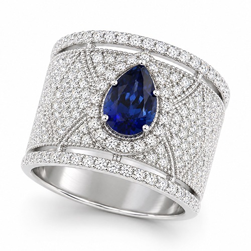 Sterling silver Tanya design cubic zirconia teardrop blue tanzanite band ring 18mm wide - Image 2