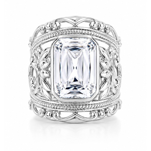 Sterling silver Camila design bold rectangular cubic zirconia wide pattern band ring 28mm wide