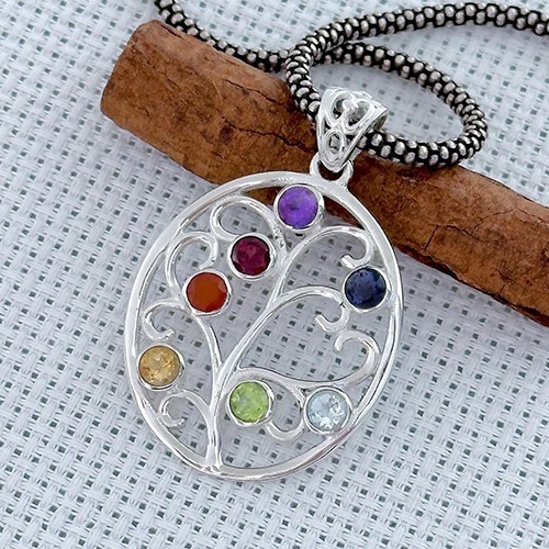 Sterling silver oval twirl design multicolour gemstone pendant 40mm long