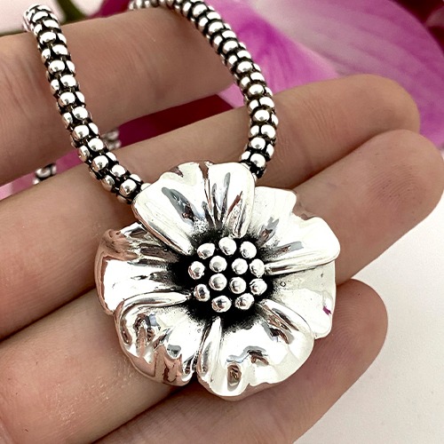 Sterling silver hibiscus flower pendant 35mm size