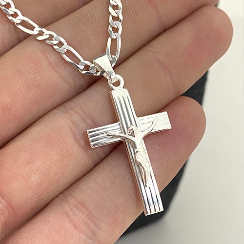 Sterling silver line design crucifix cross pendant 40mm size