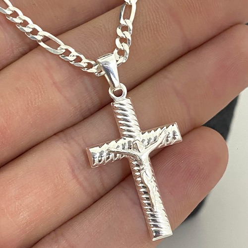Sterling silver rope design crucifix cross pendant 40mm long