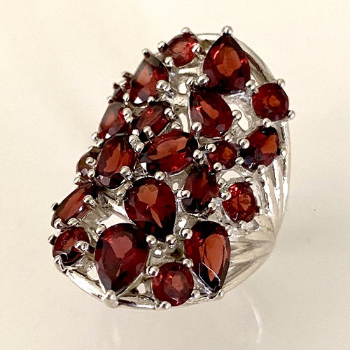 Sterling silver red garnet gemstone wide cluster design ring 30mm wide