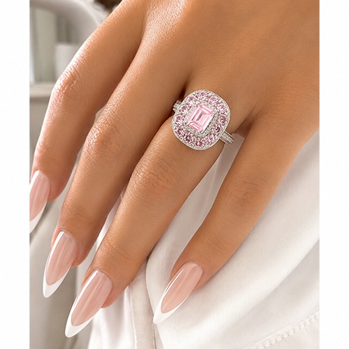 Sterling silver Amore design pink cubic zirconia stone square setting ring 18mm wide - Image 3