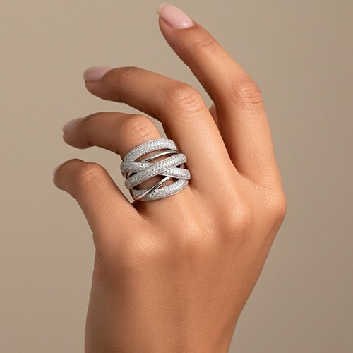 Sterling silver Bella wrap design cubic zirconia band ring 20mm wide