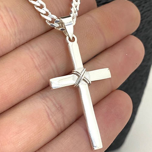 Sterling silver solid criss cross wire design plain cross pendant 50mm long