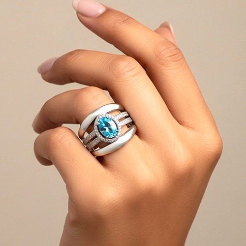 Sterling silver Asher design blue aquamarine cubic zirconia ring 17mm wide