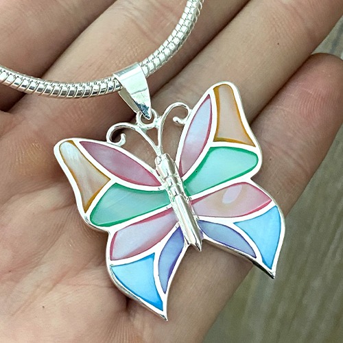 Sterling silver Donna Multicolour Mother of pearl inlay design butterfly pendant 45mm long