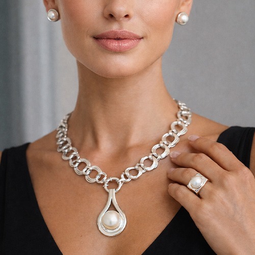 Sterling silver teardrop shape white mabe pearl pendant 40mm long