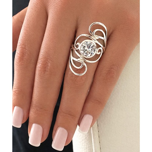 Sterling silver flowing design round cubic zirconia broad ring 35mm wide