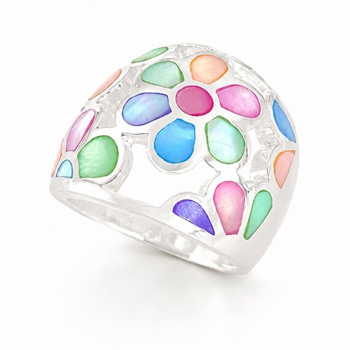 Sterling silver Flower dome multicolour mother of pearl band ring 20mm wide