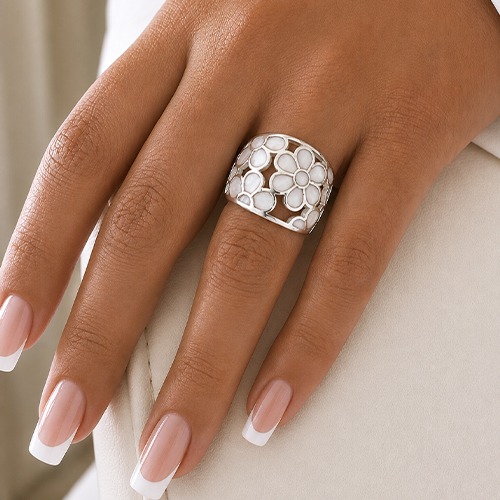 Sterling silver Flower dome white mother of pearl band ring 20mm wide