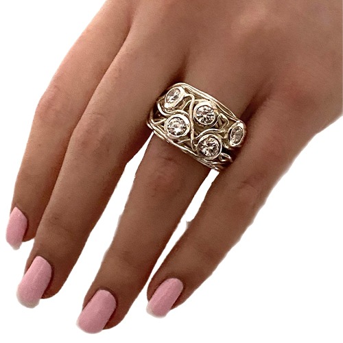 Sterling silver solid mesh design cubic zirconia band ring 16mm wide