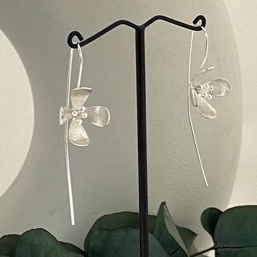 Sterling silver four petal flower hanging earrings 55mm long