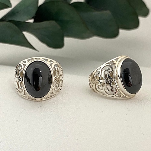 Sterling silver fillagree band oval black stone band ring 20mm wide