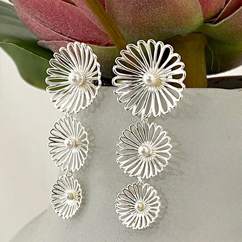 Sterling silver floral harmony stud hanging earrings 45mm long