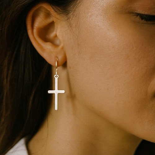Sterling silver classic cross small hanging earrings 35mm long