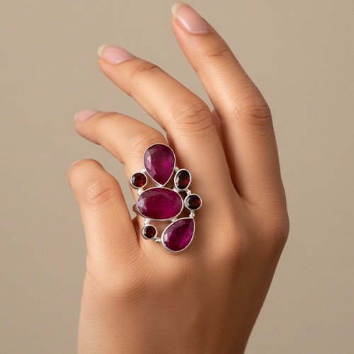 Sterling silver nature design ruby and garnet gemstone wide ring 35mm wide