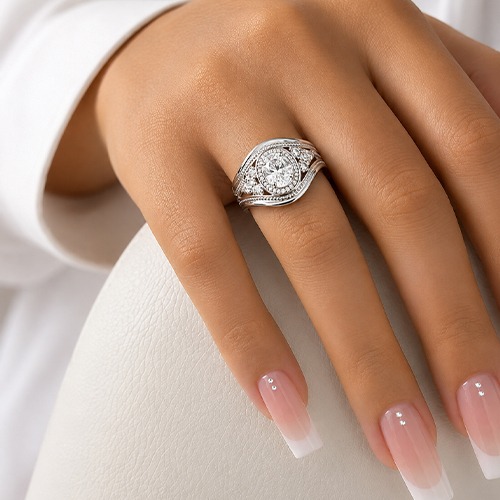 Sterling silver Alexa design oval halo white cubic zirconia band ring 16mm wide - Image 2