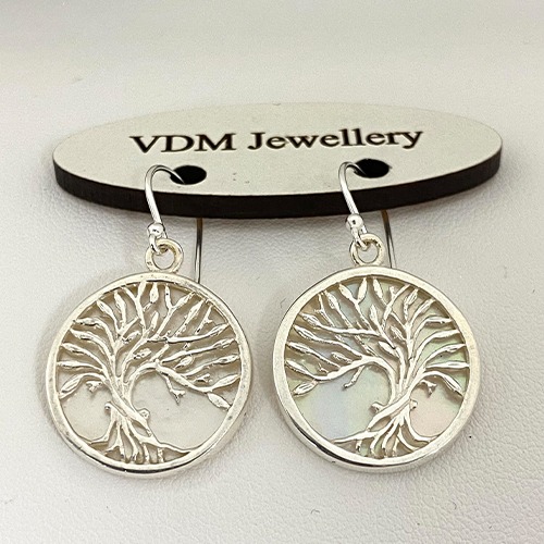 Sterling silver family tree design mother of pearl shell hanging earrings 35mm long