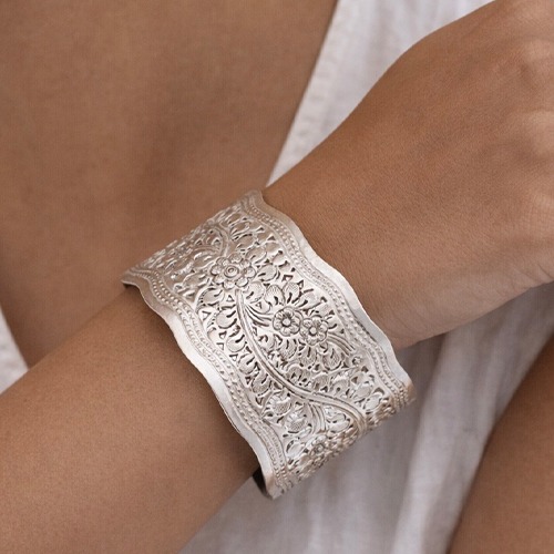 Sterling silver delicate flowers design wide cuff bangle 40mm wide