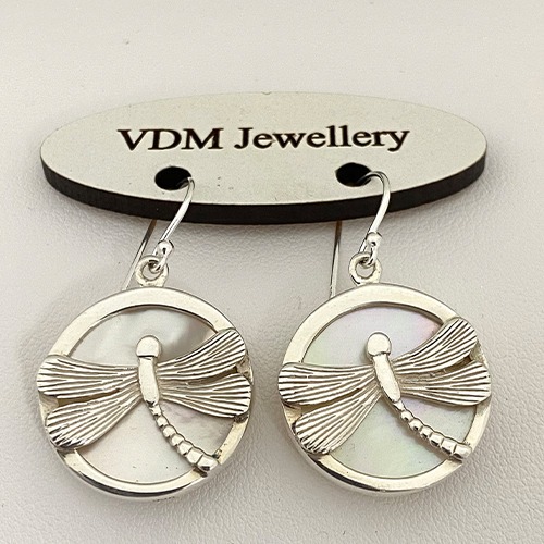 Sterling silver mother of pearl dragonfly design hanging earrings 35mm long