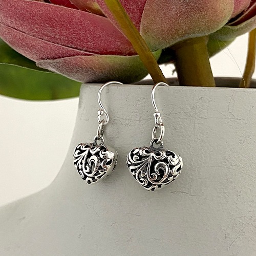 Sterling silver small fillagree heart earrings 30mm