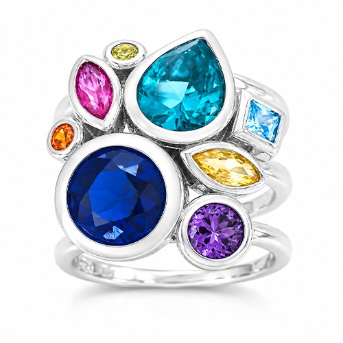 Sterling silver Ella multicolour cubic zirconia unique design ring 20mm wide