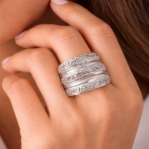 Sterling silver flower pattern band layers ring 19mm wide