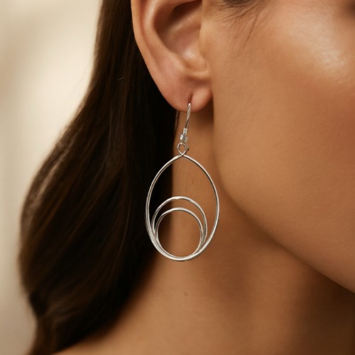 Sterling silver oval double circle abstract design hanging earrings 55mm long