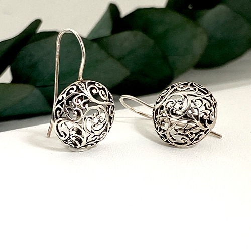 Sterling silver fillagree pattern oxidize ball drop earrings 30mm long